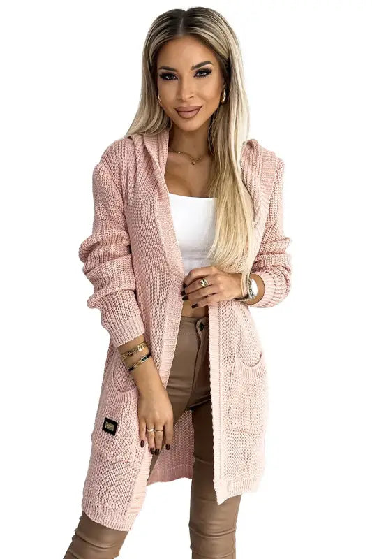 488-2 Cardigan - cape with a hood, pockets and a patch - pink - Livre e Solta Fashion