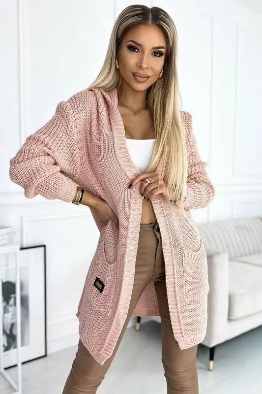 488-2 Cardigan - cape with a hood, pockets and a patch - pink - Livre e Solta Fashion