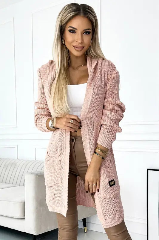 488-2 Cardigan - cape with a hood, pockets and a patch - pink - Livre e Solta Fashion