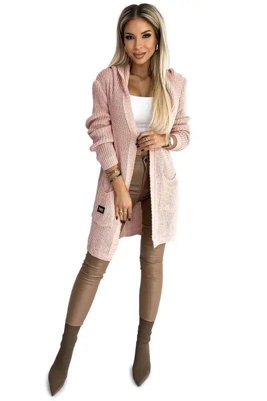 488-2 Cardigan - cape with a hood, pockets and a patch - pink - Livre e Solta Fashion