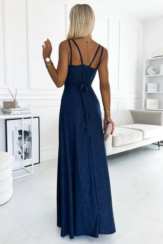 498-1 Long dress with a neckline and double straps - navy blue with glitter - Livre e Solta Fashion