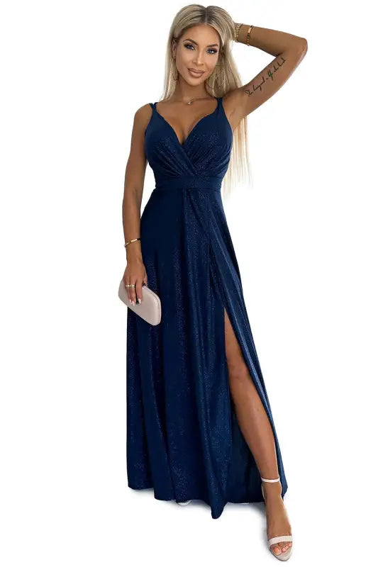 498-1 Long dress with a neckline and double straps - navy blue with glitter - Livre e Solta Fashion