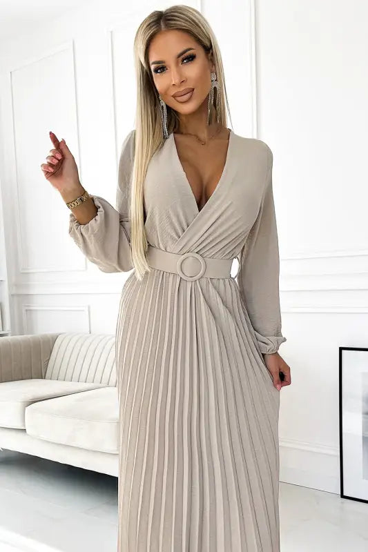 504-2 VIVIANA Pleated midi dress with a neckline long sleeves and a wide belt - beige colour - UNI