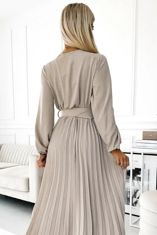 504-2 VIVIANA Pleated midi dress with a neckline long sleeves and a wide belt - beige colour - UNI