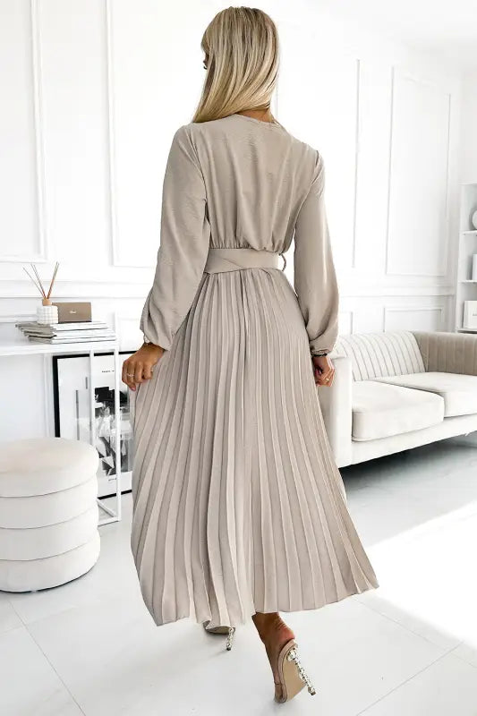 504-2 VIVIANA Pleated midi dress with a neckline long sleeves and a wide belt - beige colour - UNI