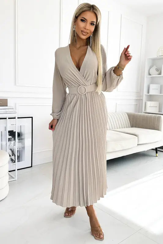 504-2 VIVIANA Pleated midi dress with a neckline long sleeves and a wide belt - beige colour - UNI