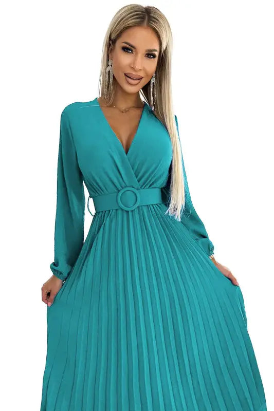 504-6 VIVIANA Pleated midi dress with a neckline, long sleeves and a wide belt - sea color - Livre e Solta Fashion