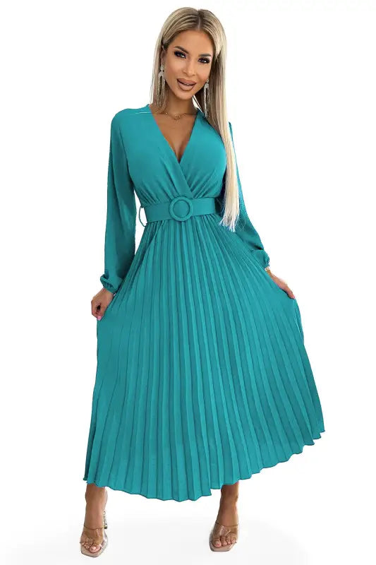 504-6 VIVIANA Pleated midi dress with a neckline, long sleeves and a wide belt - sea color - Livre e Solta Fashion