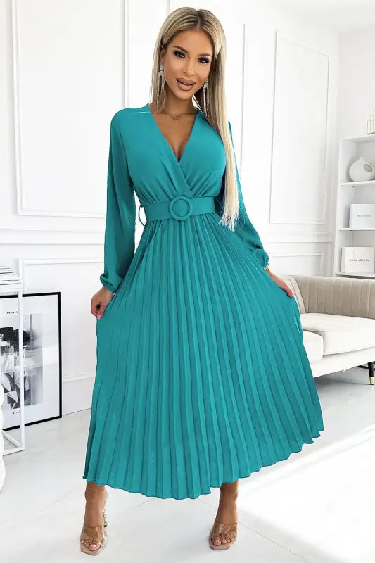 504-6 VIVIANA Pleated midi dress with a neckline, long sleeves and a wide belt - sea color - Livre e Solta Fashion