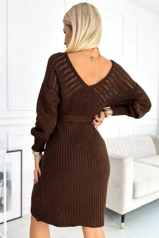 507-3 Openwork sweater dress with a neckline and ties - chocolate color - Livre e Solta Fashion