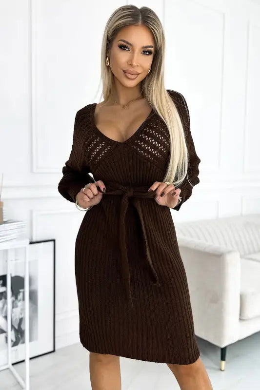 507-3 Openwork sweater dress with a neckline and ties - chocolate color - Livre e Solta Fashion