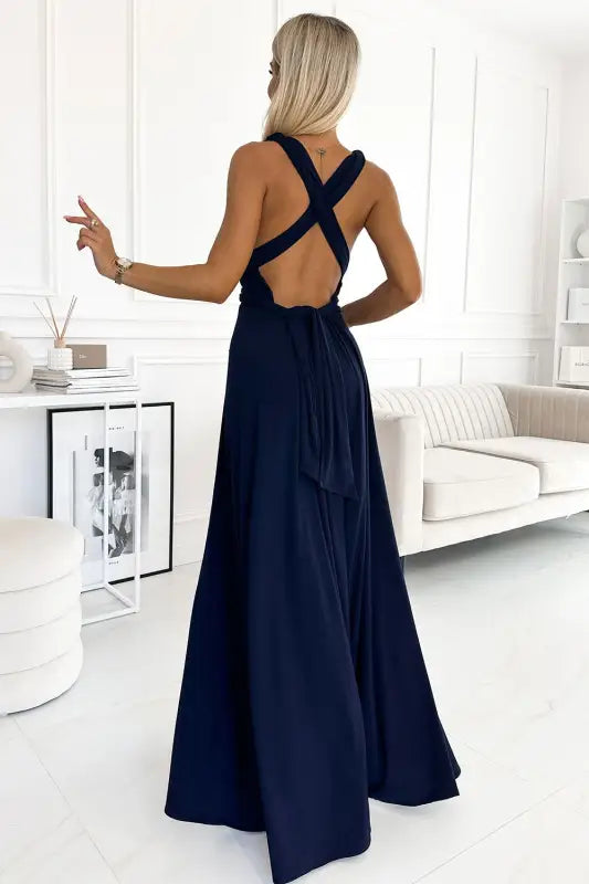 509-1 Elegant long dress tied in many ways - navy blue - Livre e Solta Fashion