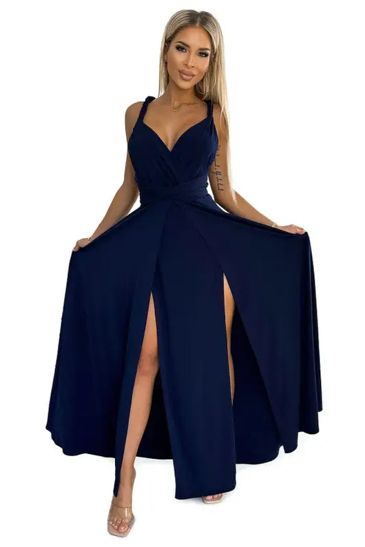 509-1 Elegant long dress tied in many ways - navy blue - Livre e Solta Fashion