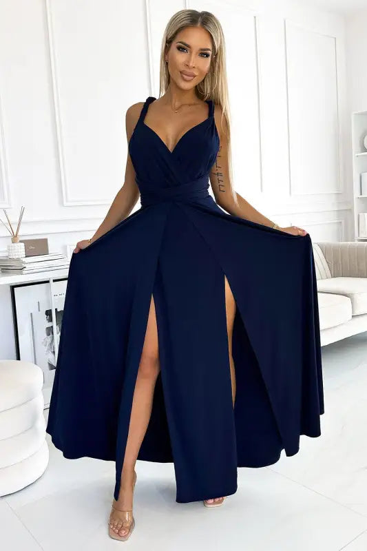 509-1 Elegant long dress tied in many ways - navy blue - Livre e Solta Fashion