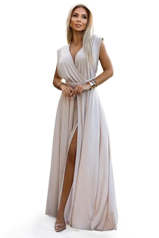 509-2 Elegant long dress tied in many ways - beige with glitter - Livre e Solta Fashion