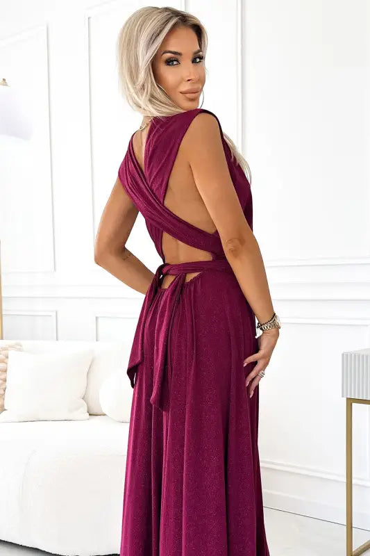 509-3 Elegant long dress tied in many ways - burgundy with glitter - Livre e Solta Fashion