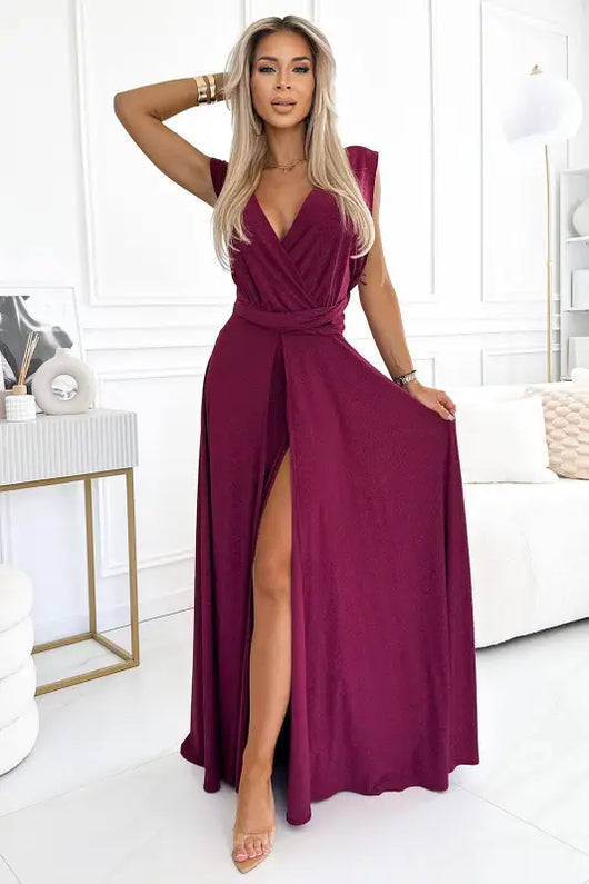 509-3 Elegant long dress tied in many ways - burgundy with glitter - Livre e Solta Fashion