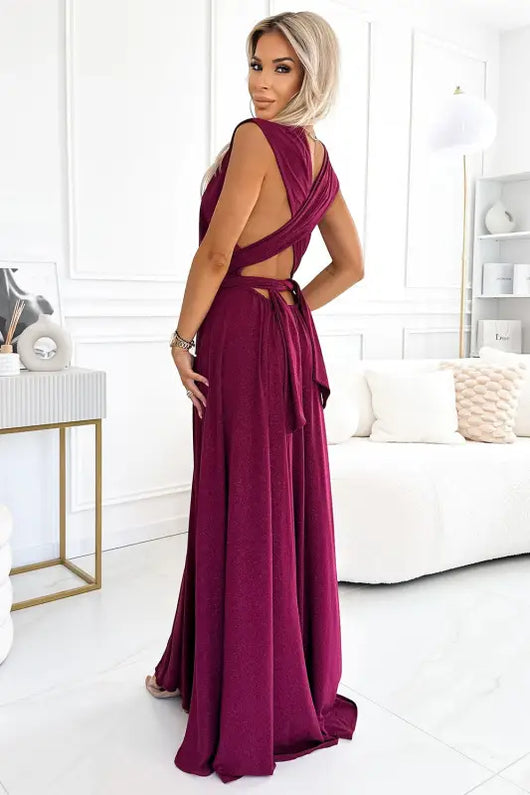 509-3 Elegant long dress tied in many ways - burgundy with glitter - Livre e Solta Fashion