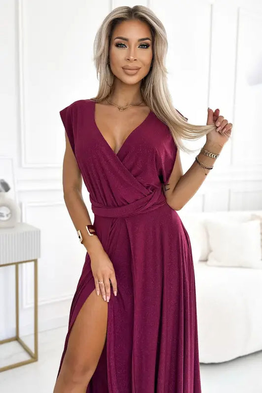 509-3 Elegant long dress tied in many ways - burgundy with glitter - Livre e Solta Fashion