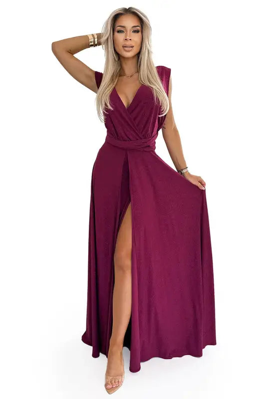 509-3 Elegant long dress tied in many ways - burgundy with glitter - Livre e Solta Fashion