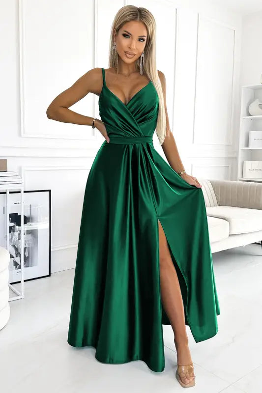 512-1 JULIET elegant long satin dress with a neckline - green