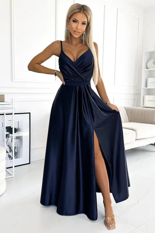 512-2 JULIET elegant long satin dress with a neckline - navy blue