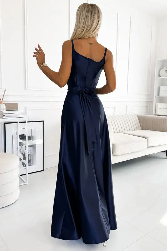 512-2 JULIET elegant long satin dress with a neckline - navy blue