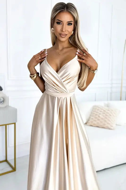 512-3 JULIET elegant long satin dress with a neckline and leg slit - Beige - Livre e Solta Fashion