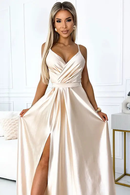 512-3 JULIET elegant long satin dress with a neckline and leg slit - Beige - Livre e Solta Fashion