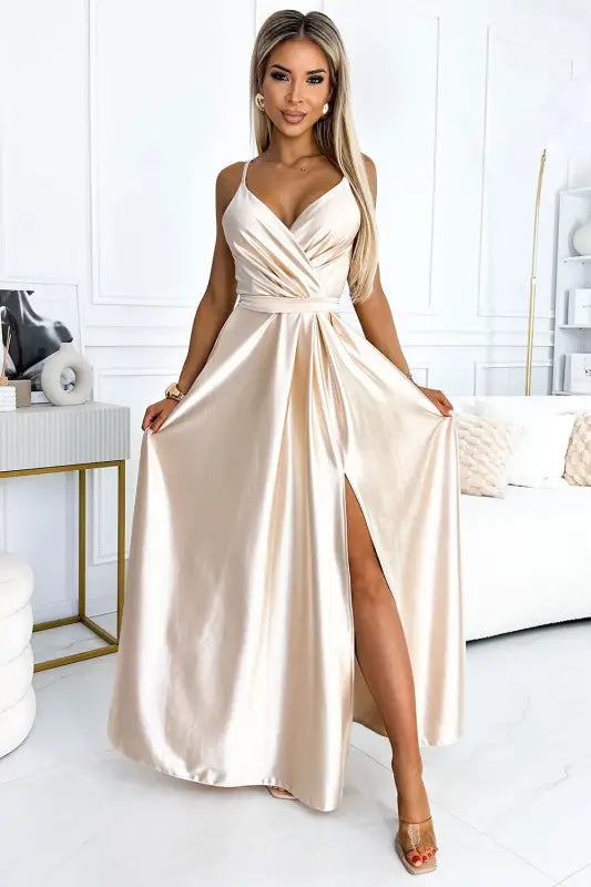 512-3 JULIET elegant long satin dress with a neckline and leg slit - Beige - Livre e Solta Fashion