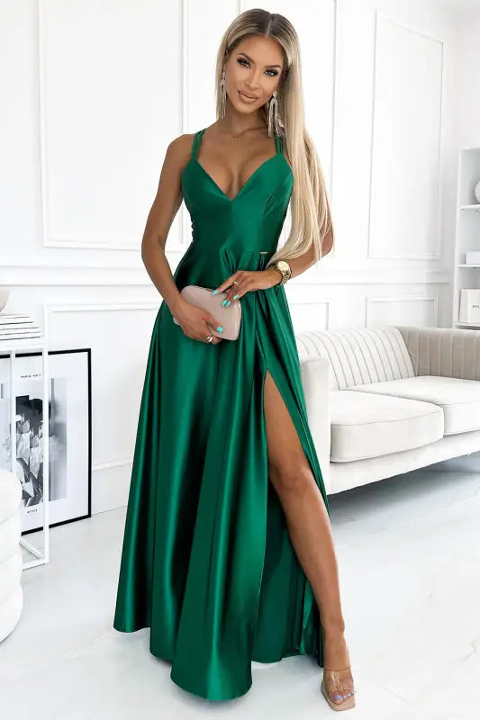 513-1 LUNA elegant long satin dress with a neckline and crossed straps - green