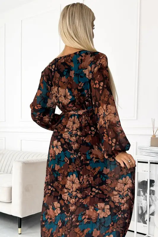 519-2 Pleated chiffon long dress with a neckline, long sleeves and a belt - brown-blue flowers - Livre e Solta Fashion