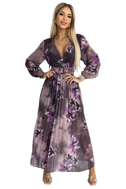 520-1 Pleated chiffon long dress with a neckline, long sleeves and a wide belt - purple large flowers - Livre e Solta Fashion