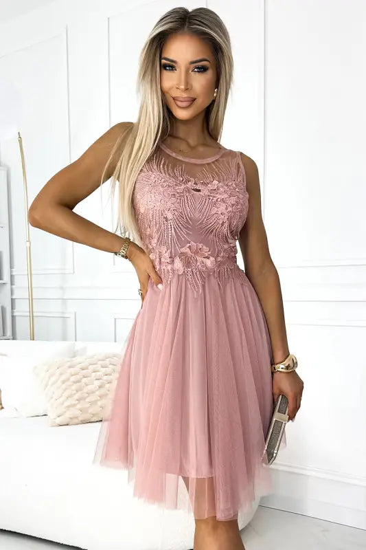 522-1 CATERINA Feminine dress with guipure and delicate tulle - powder pink - UNI