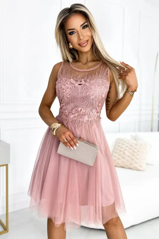 522-1 CATERINA Feminine dress with guipure and delicate tulle - powder pink - UNI