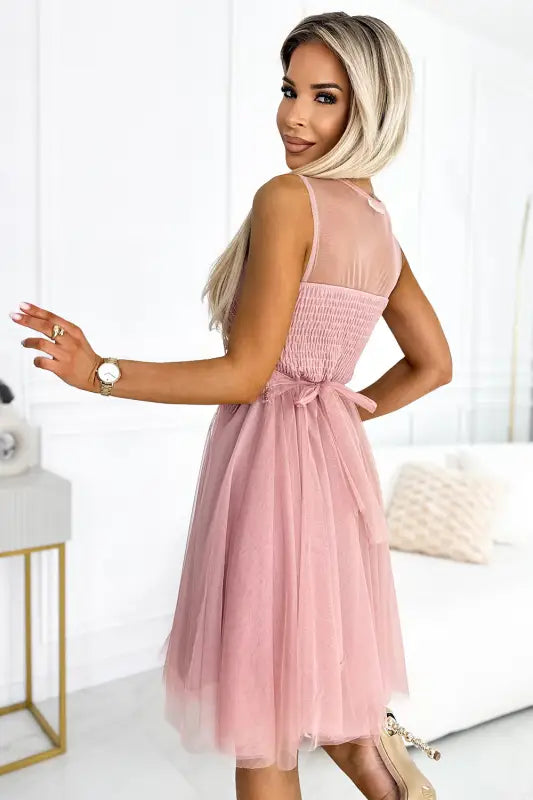 522-1 CATERINA Feminine dress with guipure and delicate tulle - powder pink - UNI