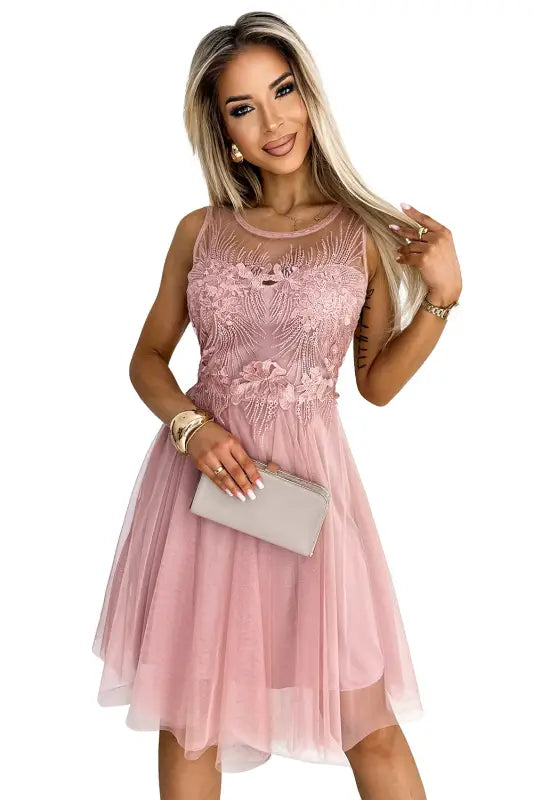 522-1 CATERINA Feminine dress with guipure and delicate tulle - powder pink - UNI