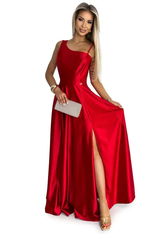 524-1 Long elegant satin one-shoulder dress - red - Livre e Solta Fashion