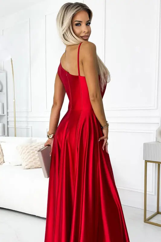 524-1 Long elegant satin one-shoulder dress - red - Livre e Solta Fashion