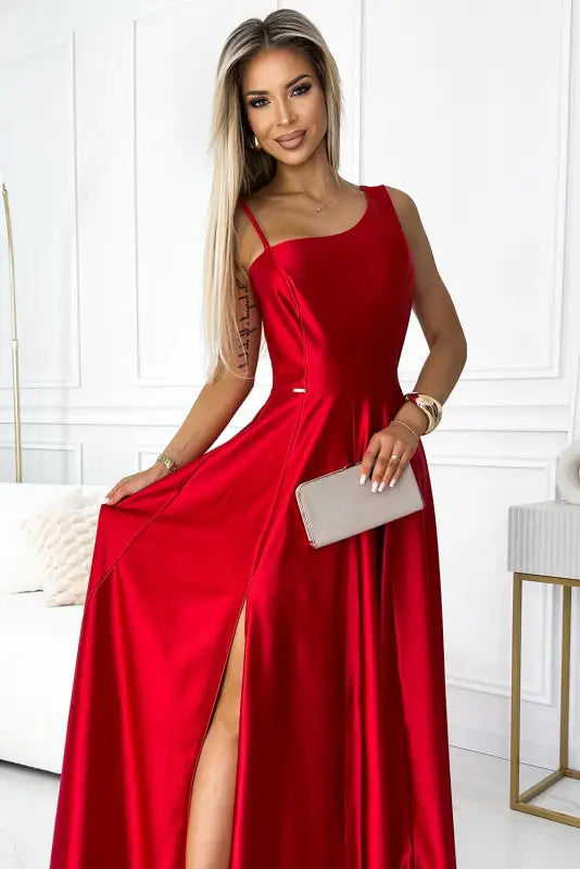 524-1 Long elegant satin one-shoulder dress - red - Livre e Solta Fashion