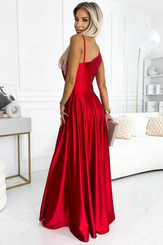 524-1 Long elegant satin one-shoulder dress - red - Livre e Solta Fashion