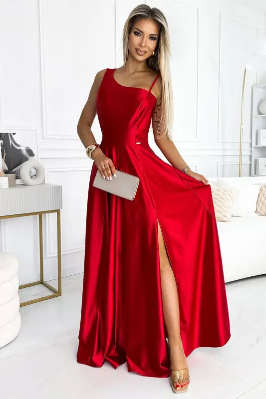 524-1 Long elegant satin one-shoulder dress - red - Livre e Solta Fashion