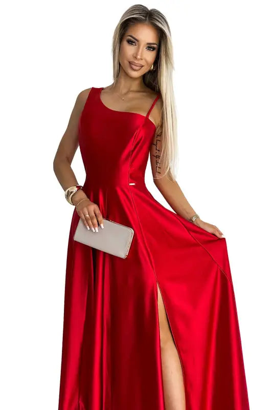 524-1 Long elegant satin one-shoulder dress - red - Livre e Solta Fashion