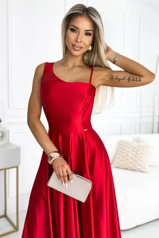 524-1 Long elegant satin one-shoulder dress - red - Livre e Solta Fashion