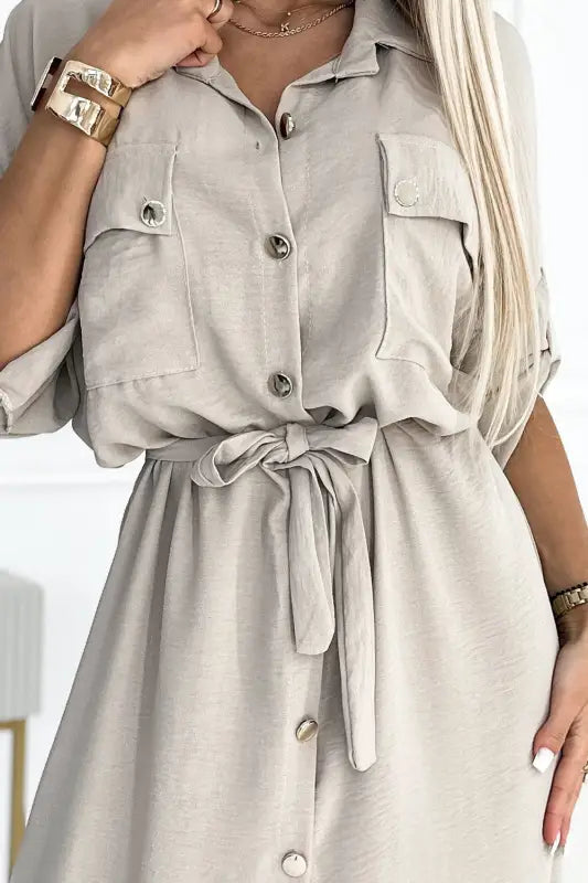 531-1 Midi shirt dress with gold buttons and ties - beige - Livre e Solta Fashion