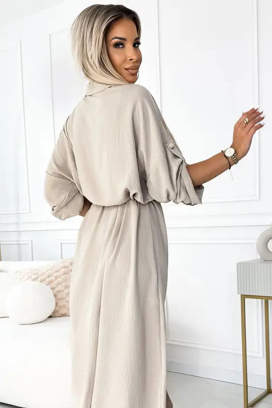 531-1 Midi shirt dress with gold buttons and ties - beige - Livre e Solta Fashion