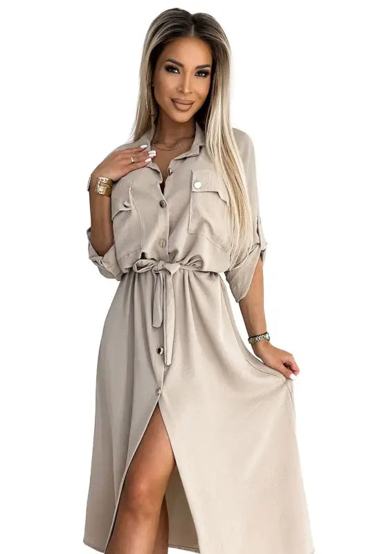 531-1 Midi shirt dress with gold buttons and ties - beige - Livre e Solta Fashion