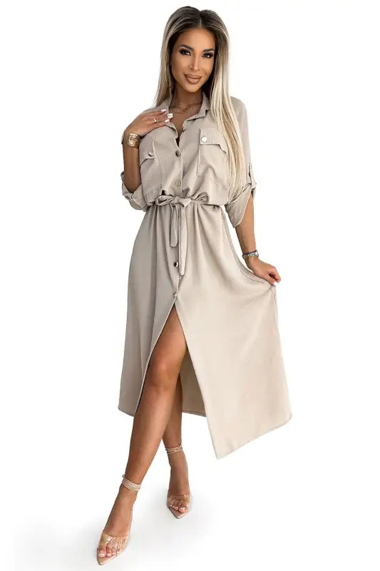 531-1 Midi shirt dress with gold buttons and ties - beige - Livre e Solta Fashion