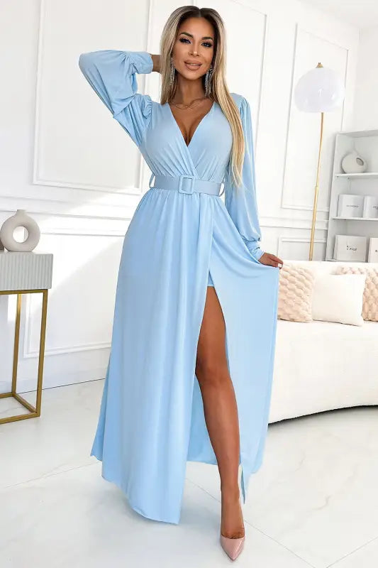 536-1 FIORELLA Long dress with a wide belt and neckline - light blue - Livre e Solta Fashion