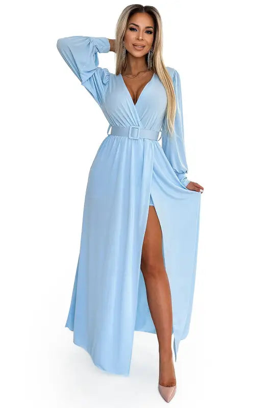 536-1 FIORELLA Long dress with a wide belt and neckline - light blue - Livre e Solta Fashion